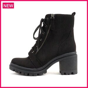 Faux Leather Lace Up Ankle Booties with Chunky Heel